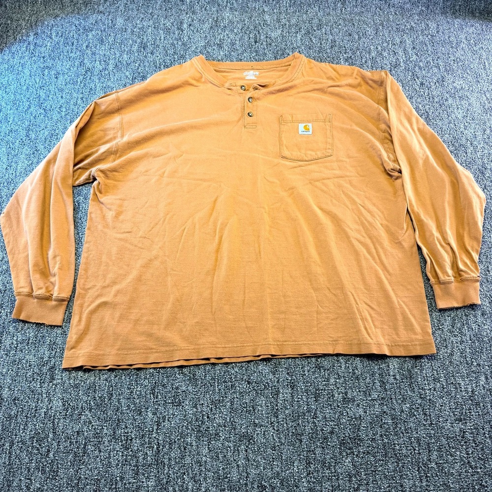 Carhartt Henley Shirt Mens 2XL Brown Cotton Long Sleeve Chest Pocket Workwear